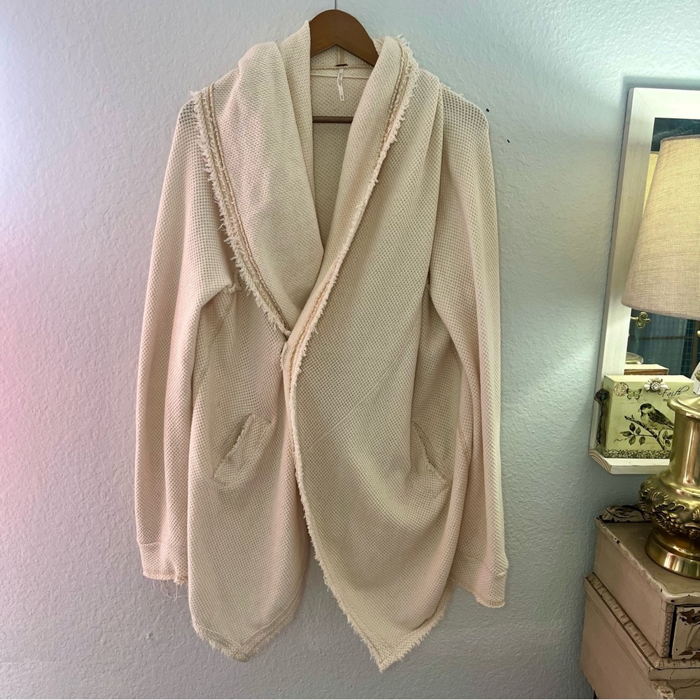 Free People Big Chill Cardigan Cream Hood Waffle Snap Sweater Jacket Size Medium - Picture 5 of 16